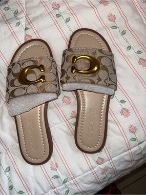 Coach Beige Signature Canvas Slide Sandals with Gold 'C' Accent